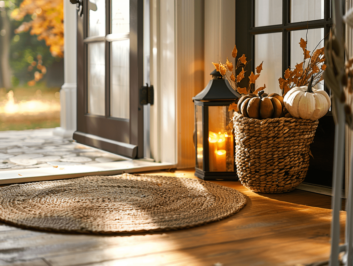 Fall entryway with layered rugs, decorative basket with faux gourds, and tall lantern beside front door