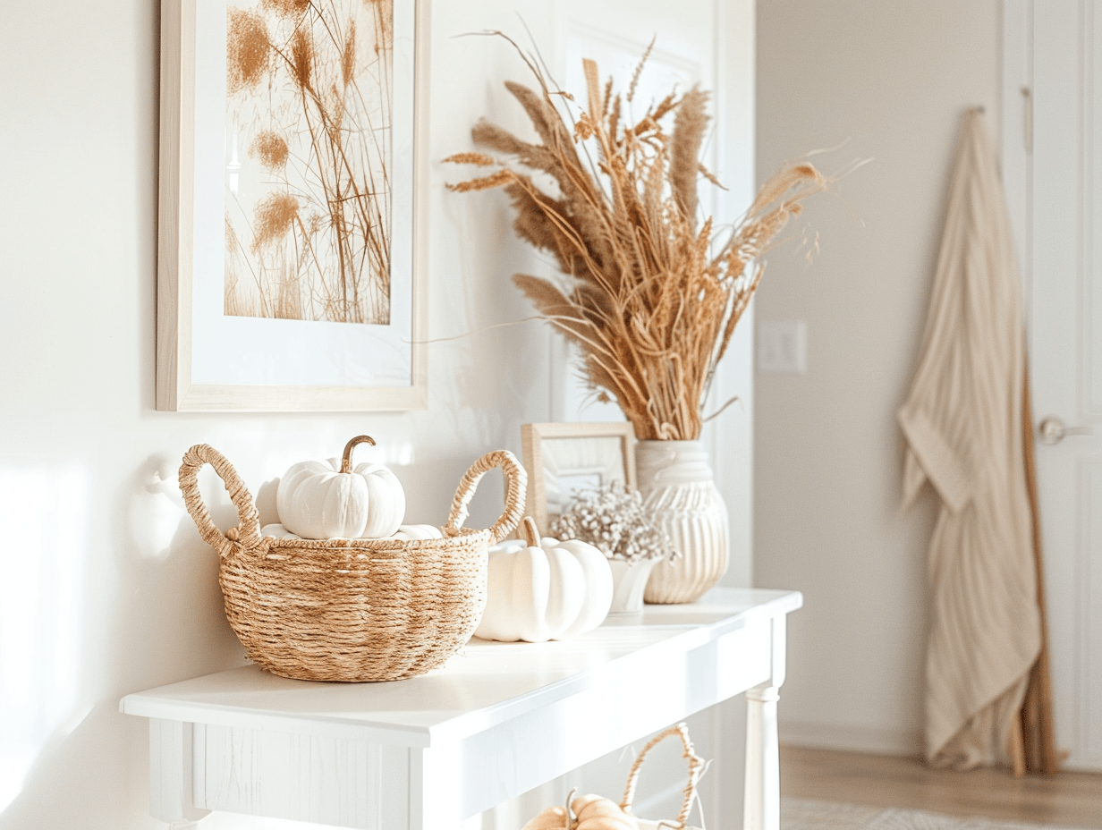 Entryway with wood console table decorated with ceramic pumpkins, framed fall quote, and dried floral vase on shelf