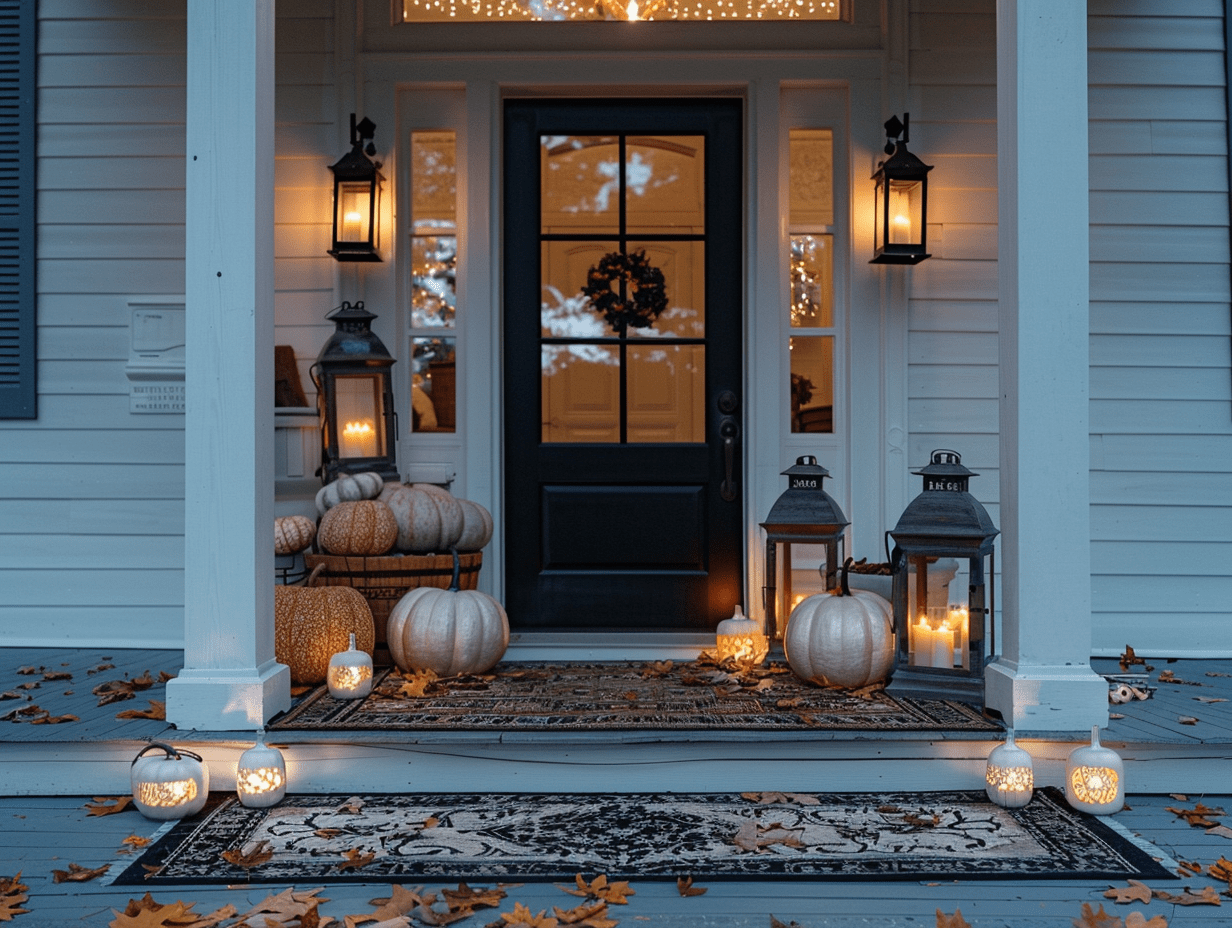 Fall front door decor with a porch with stacked white pumpkins, black lanterns with glowing candles, layered rugs, and neutral-toned door mat that says “Welcome-ish (Depends Who You Are)