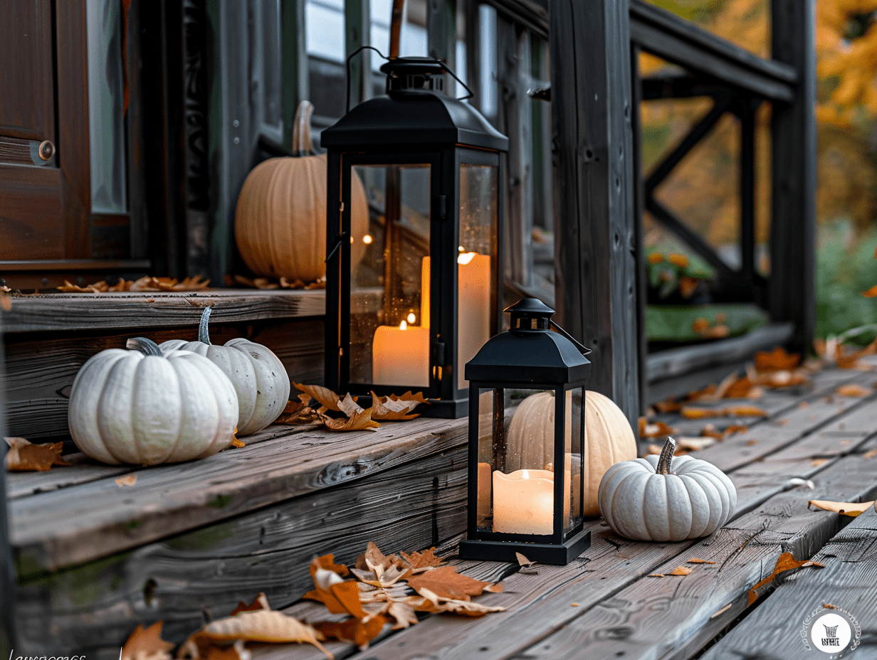 Fall front porch with tall metal lanterns, warm LED candles glowing, and layered pumpkins around the front steps