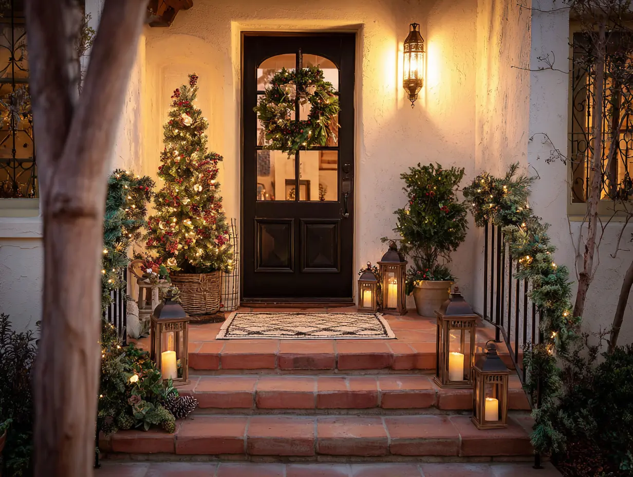 Fast and easy Christmas porch with pre-lit tree, matching garland and wreath from a bundled decor set, layered doormat, and battery candles for a festive, low-effort holiday setup.