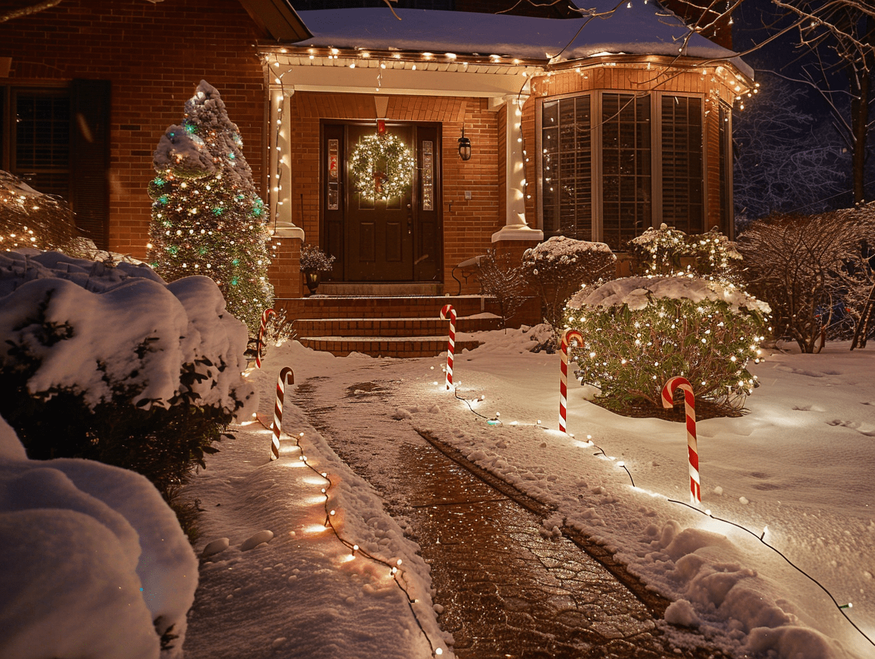 Front yard walkway lined with solar-powered candy cane lights, glowing warmly beside shrubs and leading up to a wreath-covered front porch.