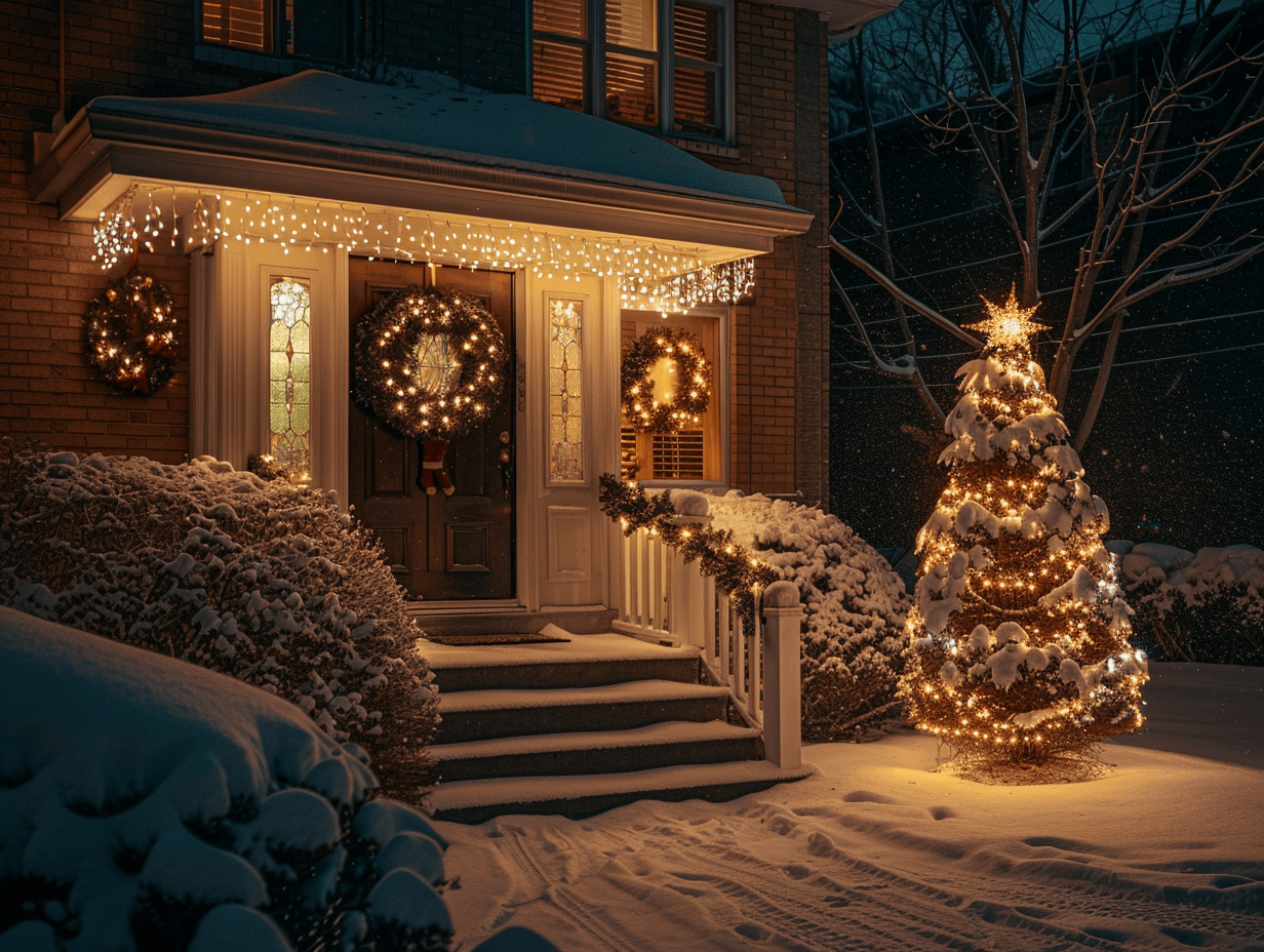 Outdoor spiral Christmas tree lights glowing in front of a house, flanked by wreaths and string lights, creating a festive focal point for holiday curb appeal.