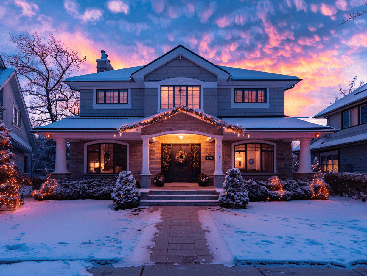 Front of house lit with colorful smart flood lights aimed at architectural features, soft glow highlighting wreaths and front door garland.