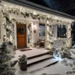 Front porch Christmas light ideas with garland wrapped in twinkle strands and columns decorated in cordless fairy lights, vibrant and bold holiday styling.