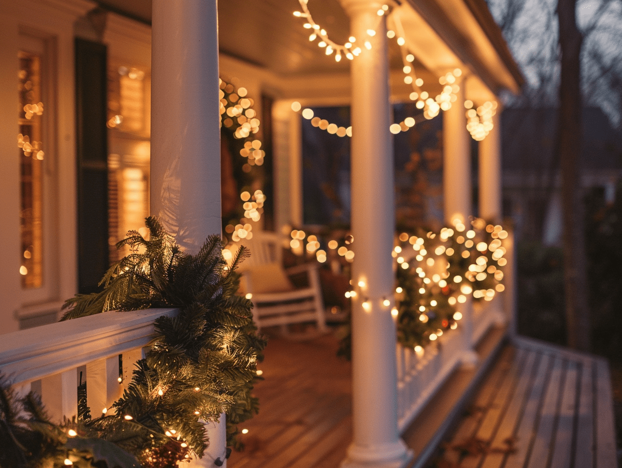 Front porch with white twinkle lights wrapped around railings and columns, soft lighting on greenery and holiday accents, cozy and inviting entrance.