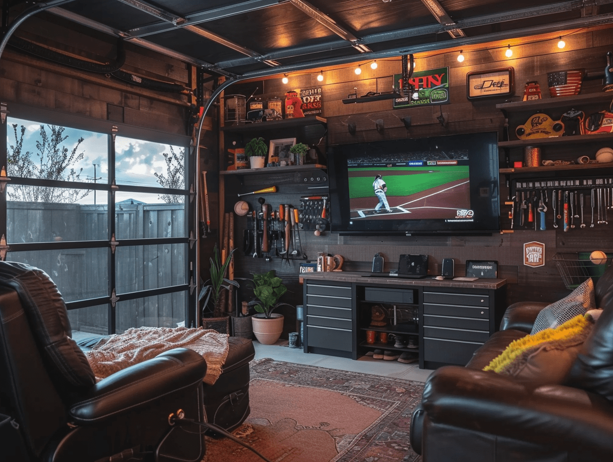Mounted TV with ambient lighting and a compact media setup in a garage entertainment zone.