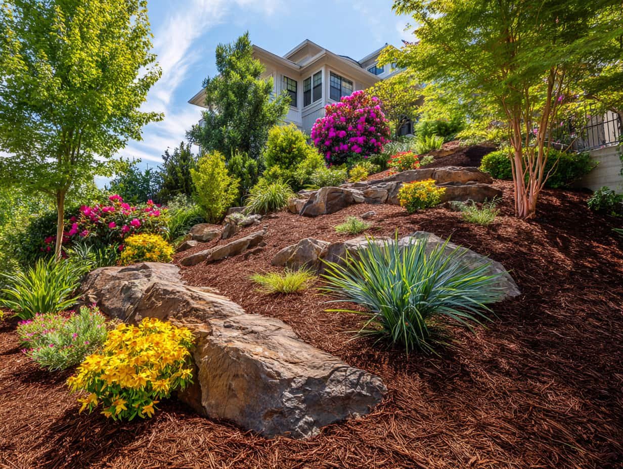 Landscaped hillside with fresh shredded bark mulch and biodegradable erosion control blanket, surrounded by established plants and flowering shrubs.