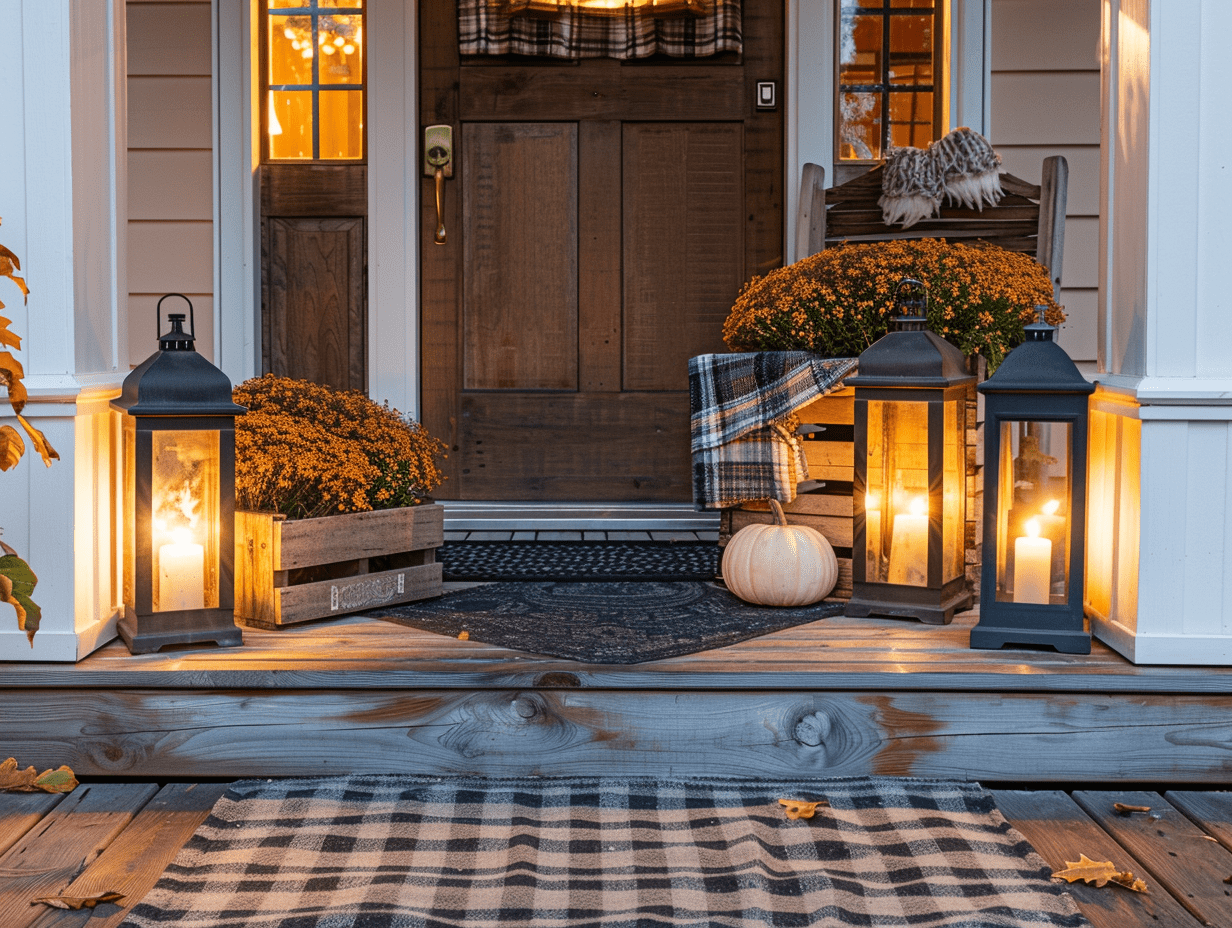 Layered fall entryway with plaid rug, coir doormat, lanterns, planters with mums, and wood crate for height