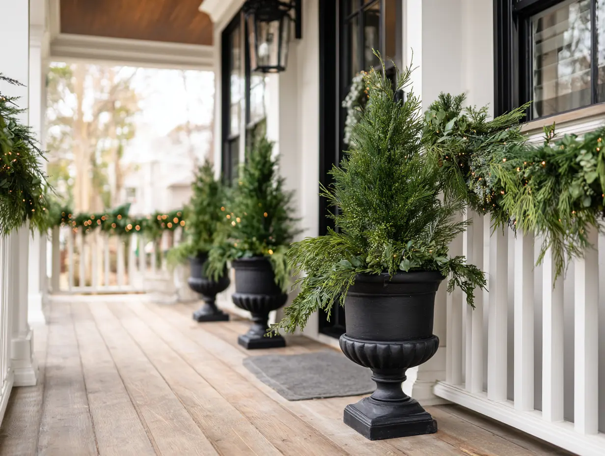 Low-maintenance Christmas porch with faux cedar trees in urns, pre-lit artificial garland on the railing, and battery lanterns creating a festive entry that lasts all season without upkeep.