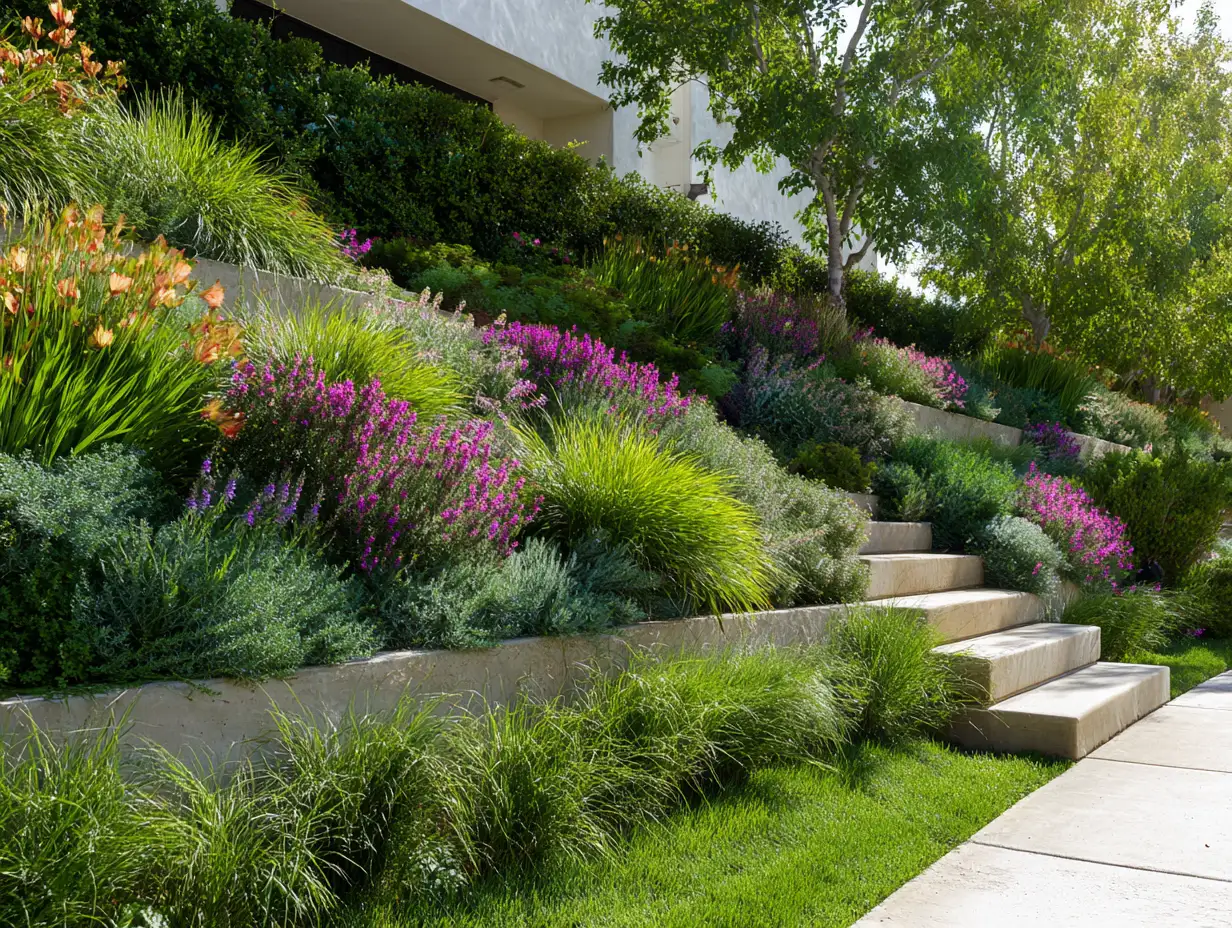 Mature landscaped slope with layered plants, clean edges maintained by cordless trimmer.