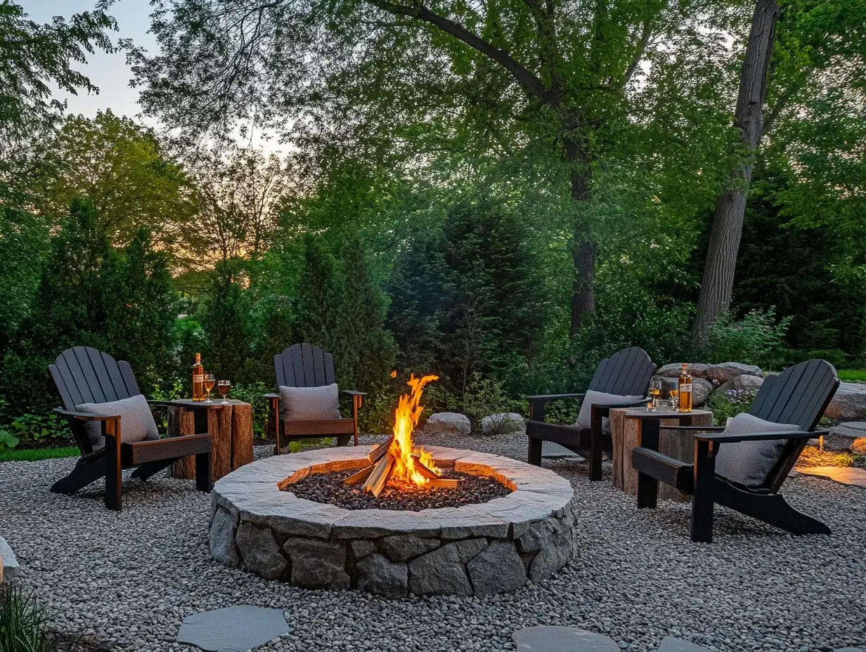 Rustic fire pit area with Adirondack chairs and whiskey glasses — pin this fire pit man cave setup for your backyard project!