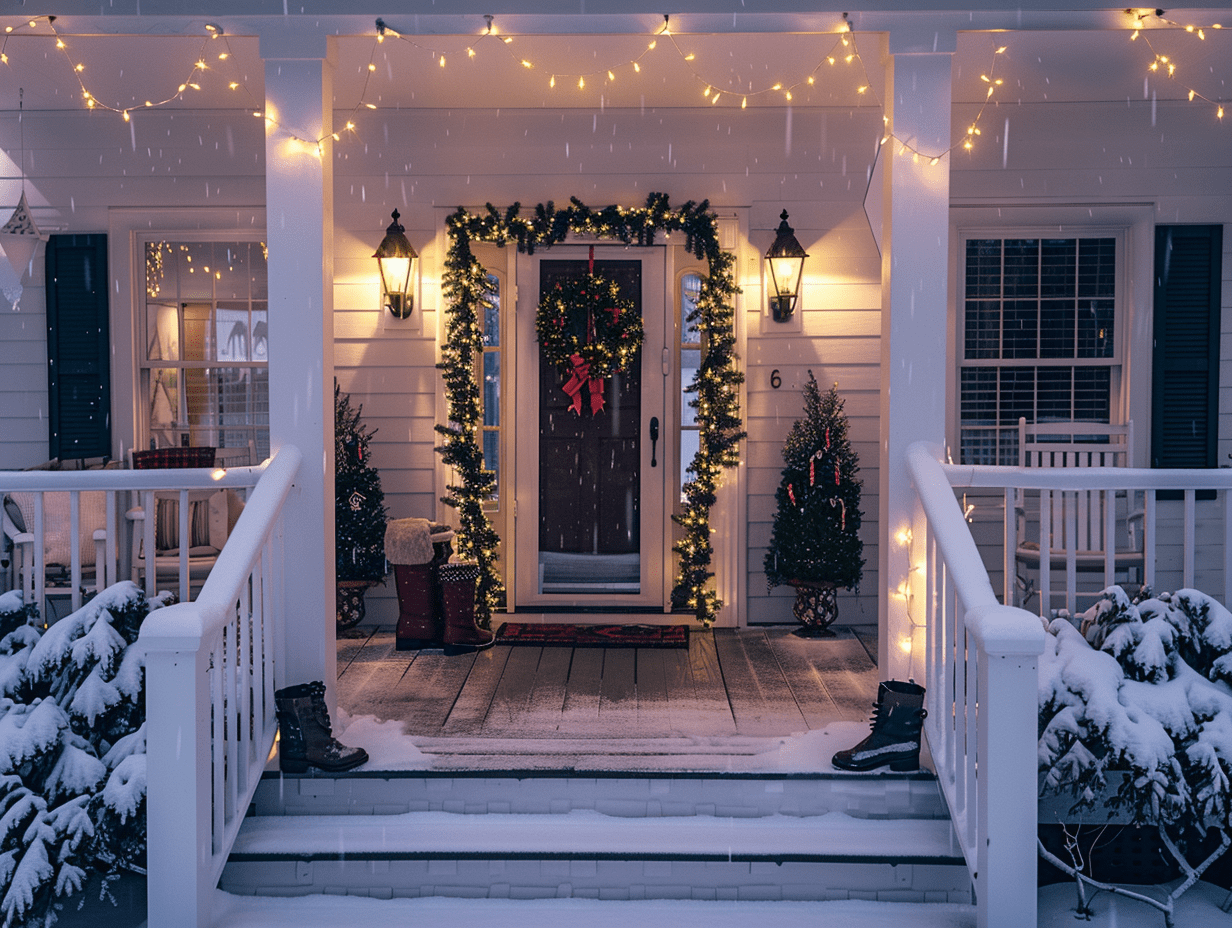 Modern porch styled with layered holiday lighting — smart string lights across the railing, warm glow overhead, and soft spotlights on bushes and entry