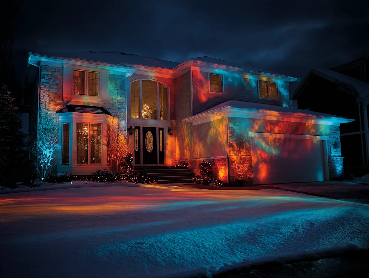 Bold LED Christmas house lighting with programmable projector lights illuminating a modern home in vivid colors.