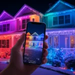 Modern home glowing with app-controlled Christmas lights in vibrant colors, smartphone in hand controlling the display, sleek holiday tech convenience