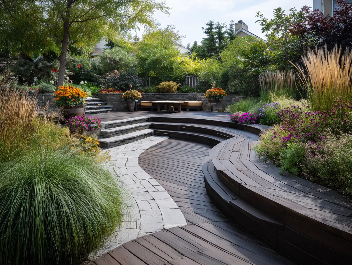 Modern sloped backyard with curved stone pathway, built-in seating, and tiered wooden decks, surrounded by vibrant plants and ornamental grasses.