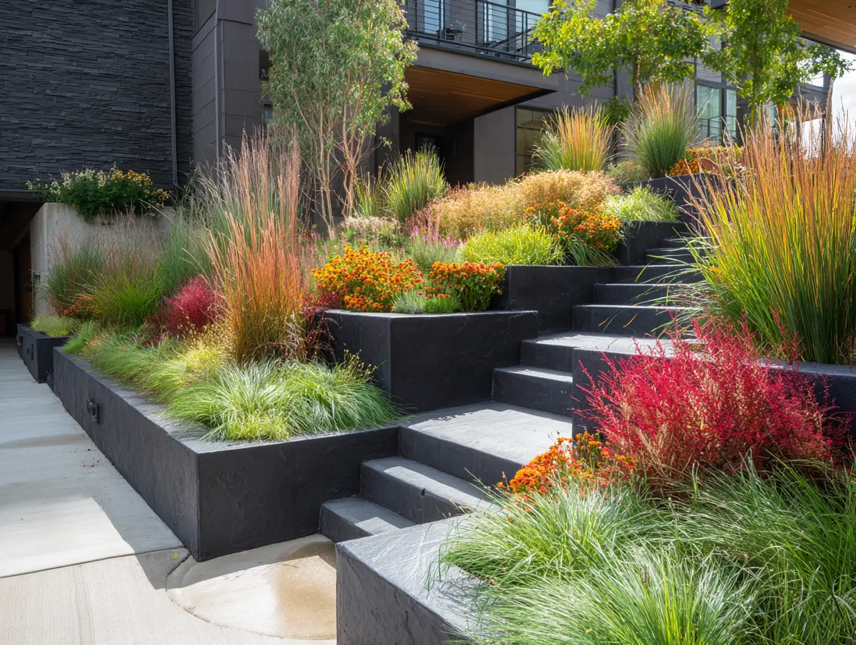 Modern terraced slope with tiered planting beds, low retaining walls, and flexible edging, filled with colorful shrubs and ornamental grasses, bright daylight, bold and clean landscaping design