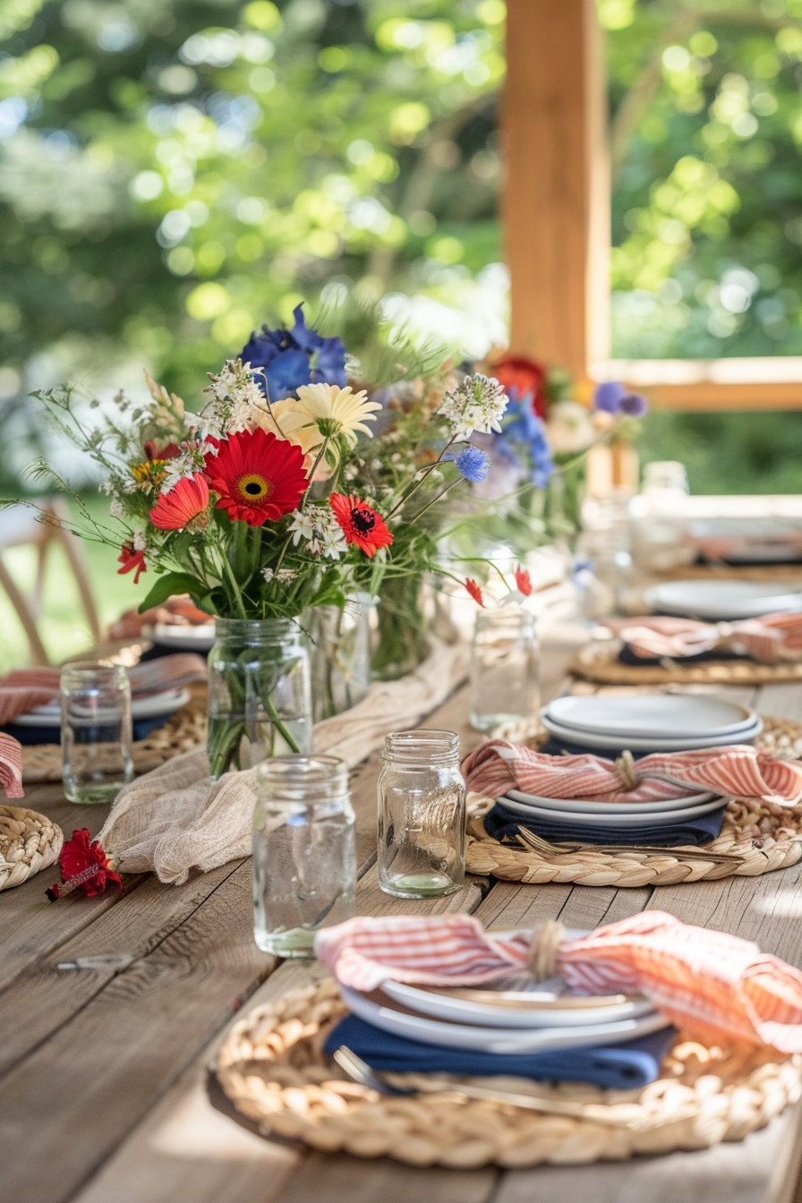 4th of July party decorations with wildflowers, striped napkins, and woven placemats — save this for your next summer gathering with heart.
