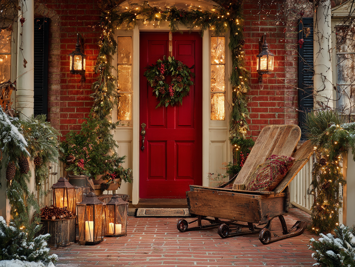 Christmas porch decorations with garland and twinkle lights
