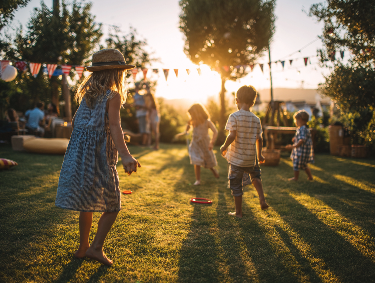 4th of July party decorations — kids playing lawn games at festive outdoor 4th of July celebration with patriotic bunting and summer sunset