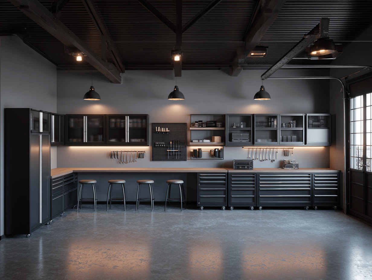 Garage man cave featuring LED strip lights under shelves, pendant lights above a workbench, and ambient glow throughout the space.