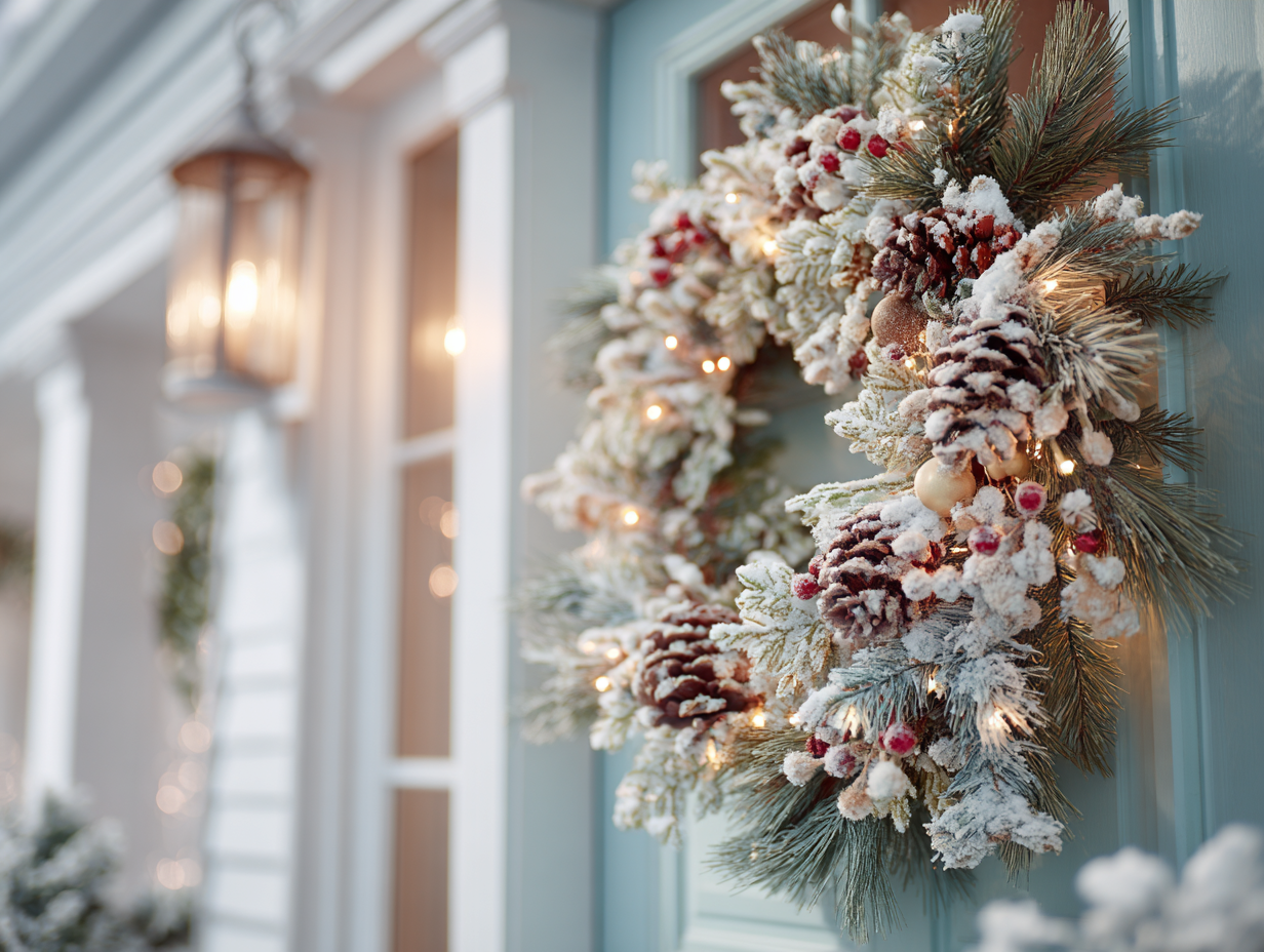 Realistic flocked Christmas wreath adorned with snow-dusted pine needles, deep red winter berries, and natural pinecones, featuring warm white integrated LED lights. The wreath has a lush, full shape with frosted textures that evoke a freshly fallen snow aesthetic, mounted on a pale blue door and framed by matching illuminated garlands for an elegant and inviting holiday presentation.