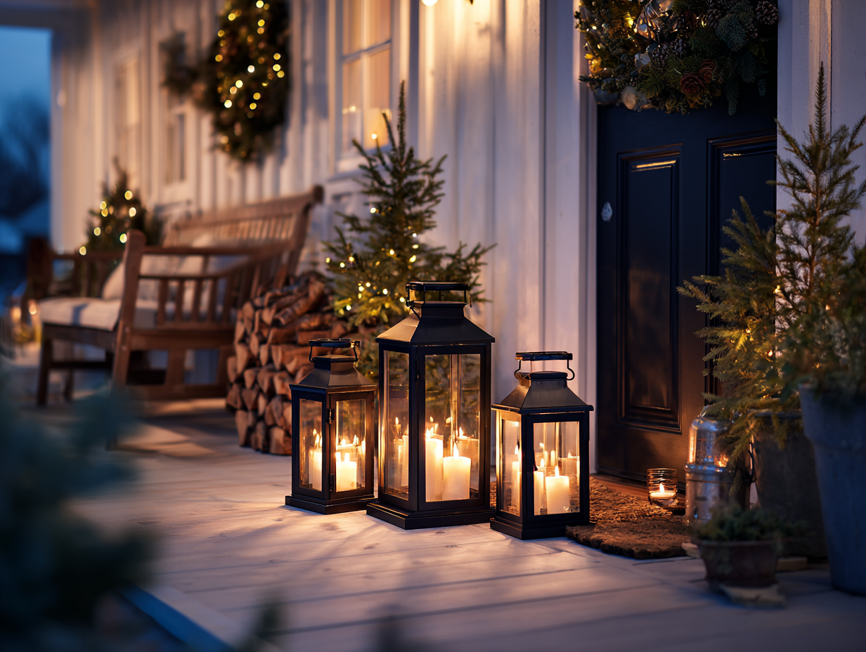 Stylish black metal lanterns with clear glass panels, each housing warm-glow LED candles, placed on a festive Christmas porch. The lanterns softly illuminate the white porch flooring and nearby potted mini evergreen trees in neutral-toned planters. A dark front door is adorned with a simple pine wreath and draped with natural garland, creating a clean, modern holiday aesthetic. Additional warm touches include layered doormats, a hanging porch swing with seasonal pillows, and stacked firewood, all contributing to a cozy, welcoming ambiance.