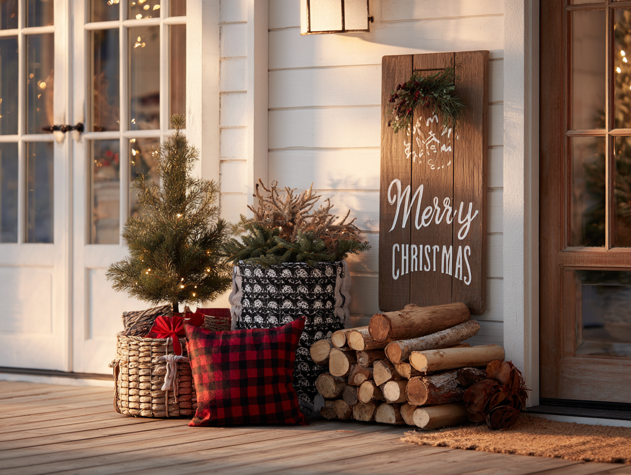 Rustic Christmas porch with Merry Christmas wooden sign, stacked firewood, buffalo plaid pillow, and potted mini Christmas tree with lights
