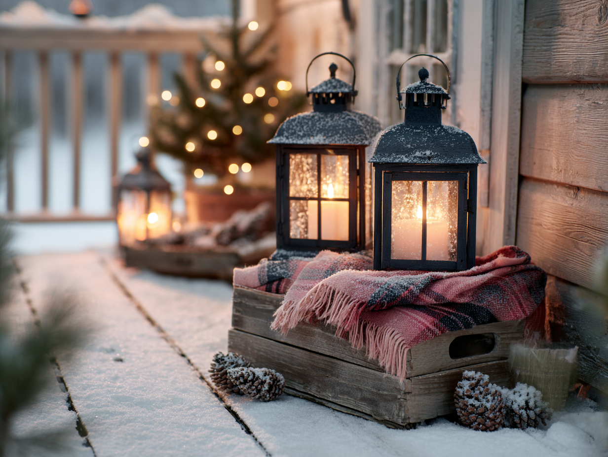 A weathered vintage wooden sled leans against the snow-dusted porch railing, its aged runners gleaming slightly with a patina of time. Draped over the sled is a thick, classic red-and-green plaid wool throw, its edges slightly fringed and perfectly arranged to add warmth and nostalgic charm. Beside the sled, a tall, hand-painted rustic wooden Christmas sign stands upright, featuring worn white lettering—perhaps reading “Believe” or “Merry Christmas”—on a distressed barnwood board. The backdrop includes frost-kissed garland, clusters of pinecones and berries, and soft amber lighting from nearby lanterns or string lights that give the whole porch a golden, storybook glow. A dusting of snow covers the wooden planks underfoot, while a small potted fir tree wrapped in burlap completes the festive, homey display.