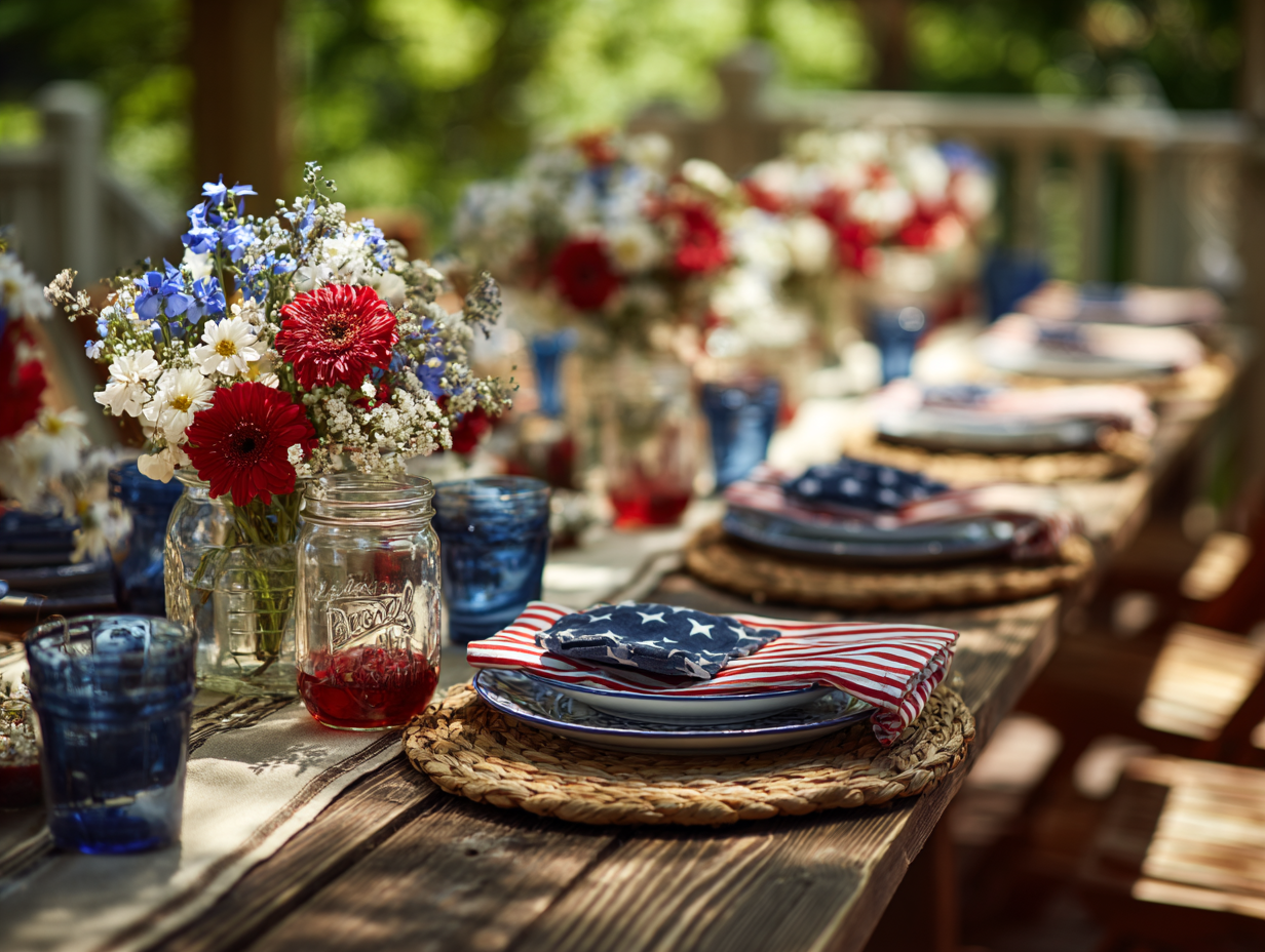 4th of July party decorations — rustic outdoor tablescape with American flag napkins, mason jar drinks, red, white, and blue floral centerpieces, and woven placemats for festive backyard gathering