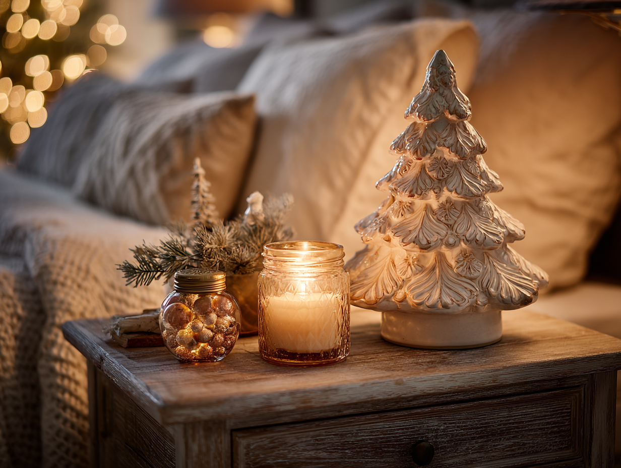 Christmas nightstand with ceramic tree, pine candle, soft lamp, and festive accents in cozy bedroom