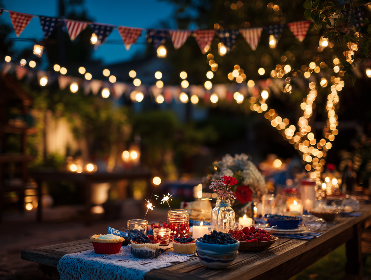4th of July party decorations — mason jar centerpiece with sparklers, twinkle lights in the background, rustic wood table, festive outdoor vibe