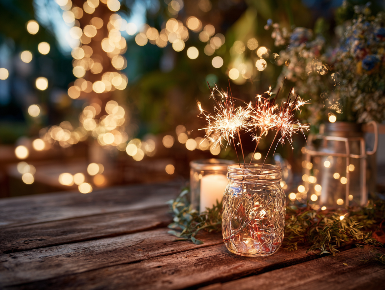 4th of July party decorations — mason jar centerpiece with sparklers, twinkle lights in the background, rustic wood table, festive outdoor vibe