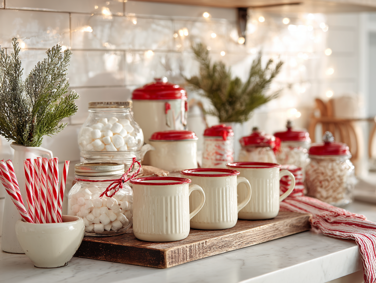 Rustic Christmas cocoa station with enamel mugs, wooden stand, vintage tins, and peppermint accents