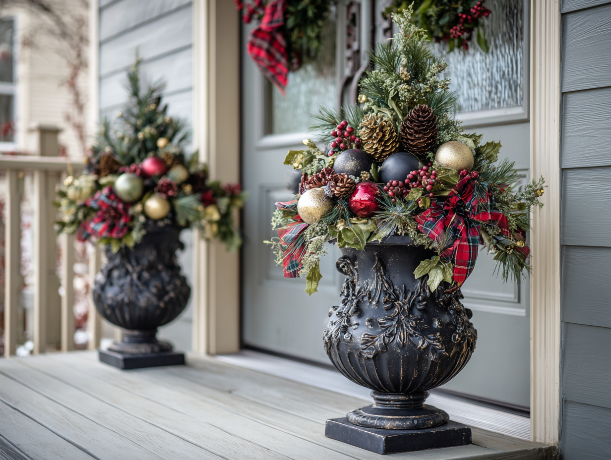 Festively decorated outdoor Christmas porch featuring two large black urn-style planters filled with lush evergreen branches, adorned with an array of colorful ornaments including shiny red, gold, and green baubles, gold berry sprigs, and large plaid ribbon bows in red, green, and gold. The symmetrical potted arrangements flank a light gray front door with glass panels, topped with a matching holiday wreath of greenery, pinecones, ornaments, and ribbons. Flanking lanterns are tied with coordinating plaid bows, and a festive "Be Merry" doormat completes the cozy, welcoming holiday setting.