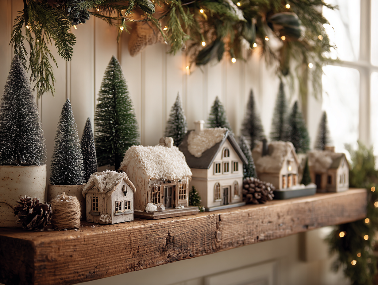 Rustic wooden kitchen shelf decorated with mini Christmas houses, greenery, and pine accents