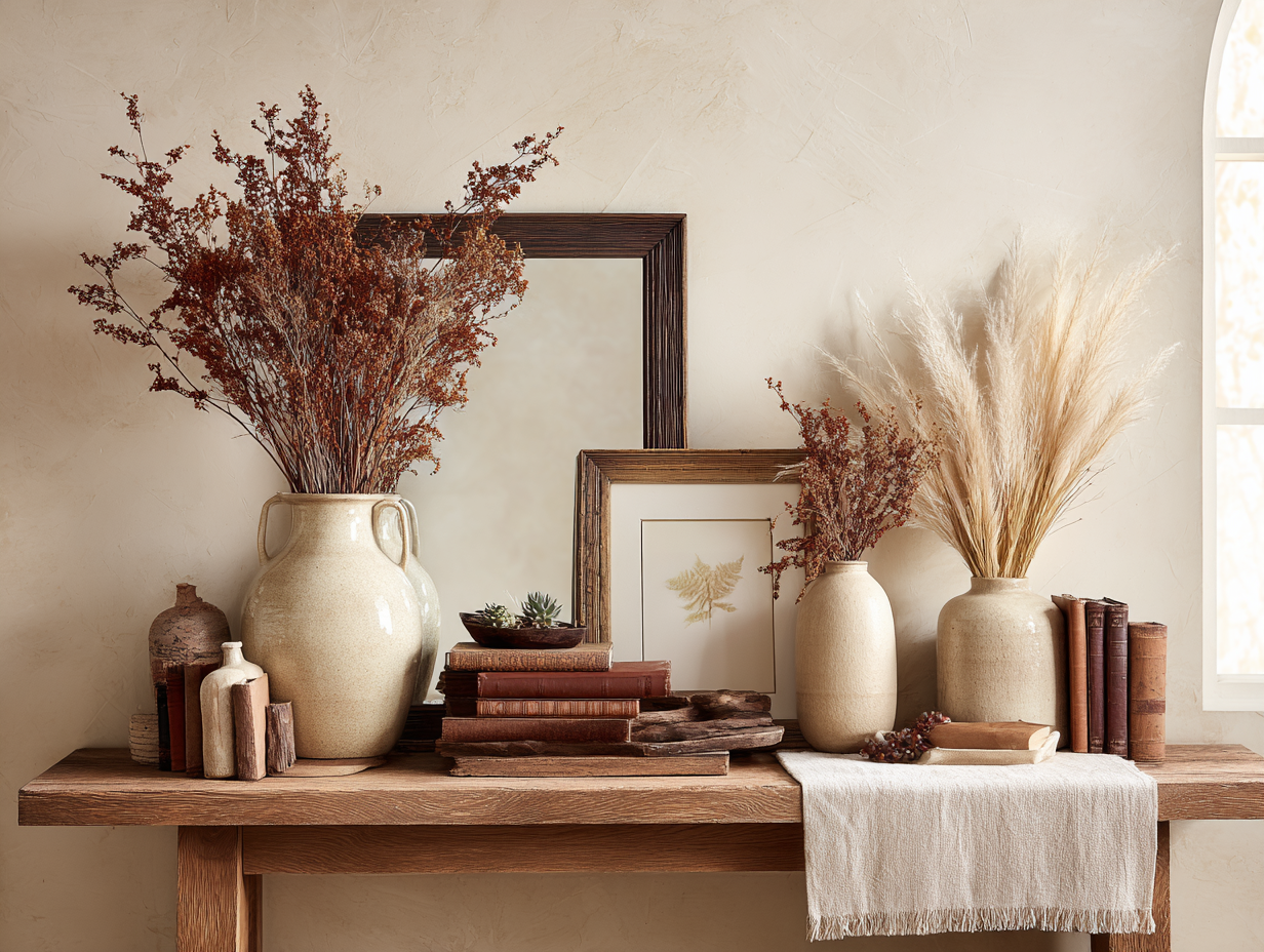 Entryway console table styled with wood accents, autumn stems, and warm layered decor for fall