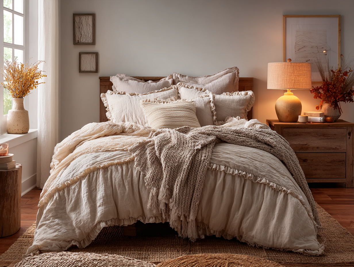 Fall bedroom with ruffle comforter set, textured throw, warm bedside lighting, and soft neutral palette