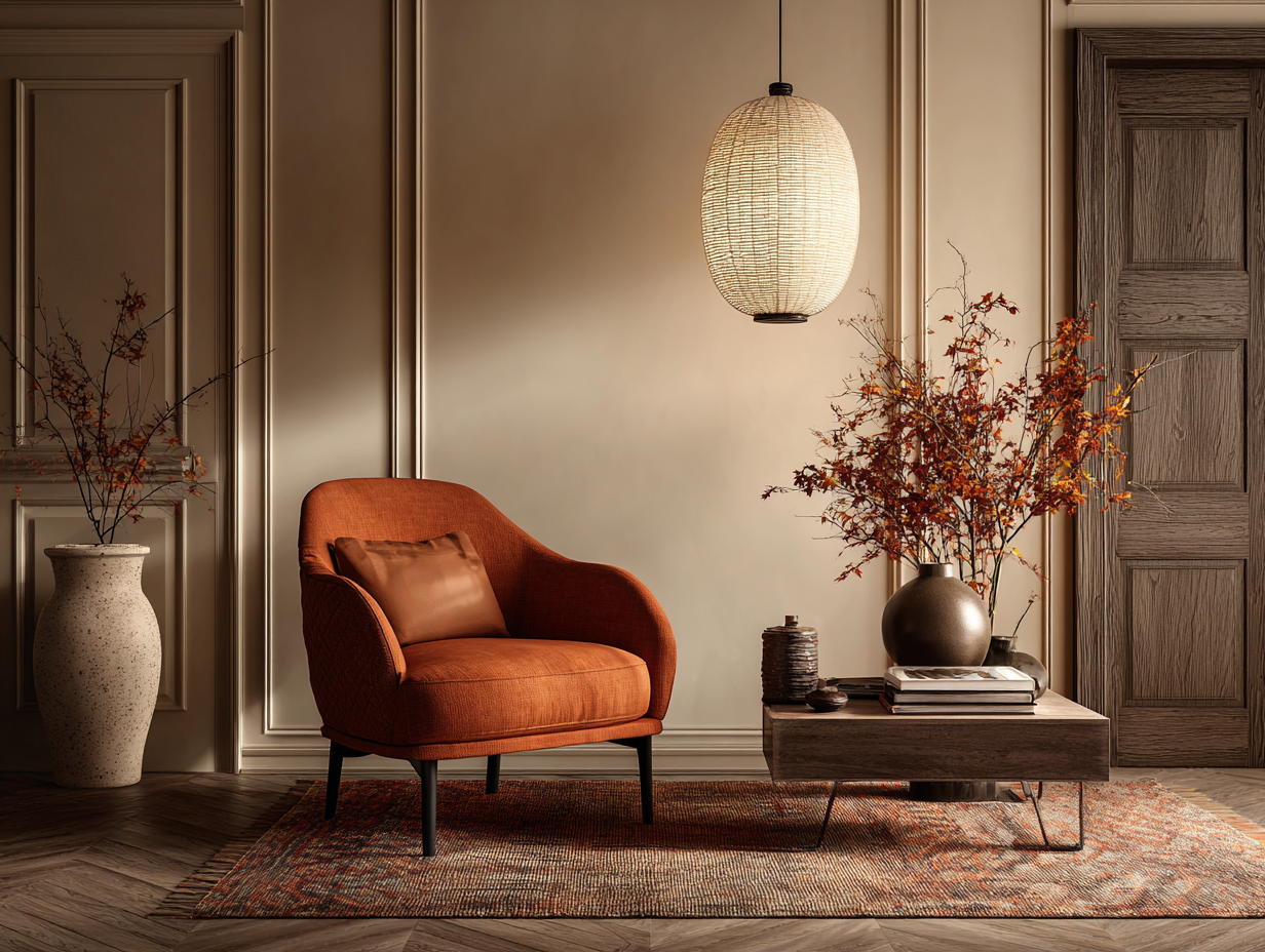Fall living room corner with burnt orange accent chair, wood coffee table, and modern pendant light, styled with autumn branches, neutral panel walls, and warm seasonal tones.