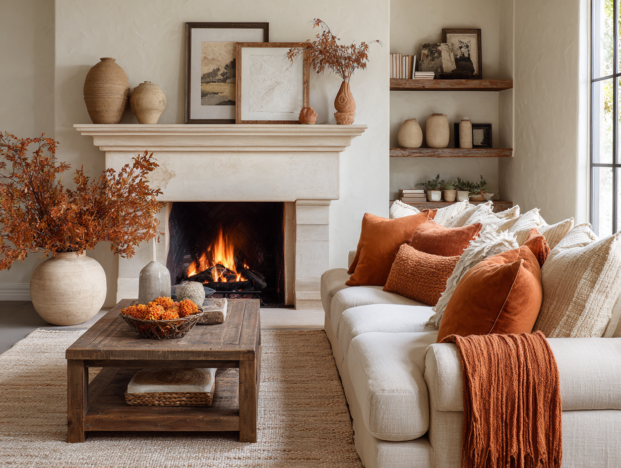 Fall living room with modern upholstered armchair, wood coffee table, and sculptural light fixture, styled with rich autumn tones and layered textures.