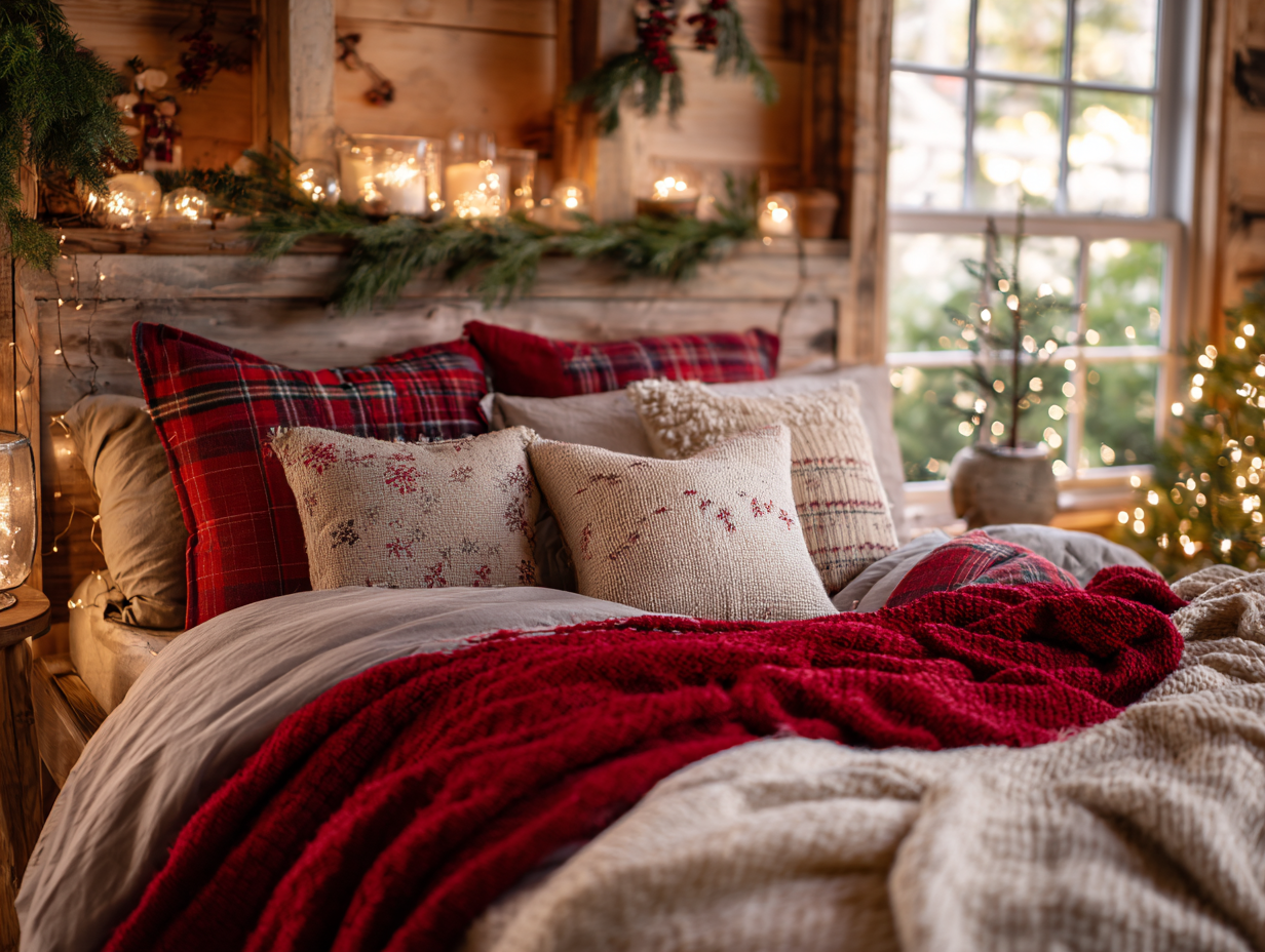 Cozy Christmas bedroom with red plaid throw blanket and festive holiday pillows on bed