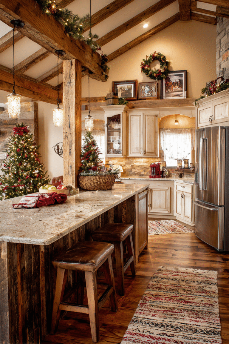 Wide-angle view of rustic Christmas kitchen decor with garlands, wreaths, Christmas trees, and farmhouse wood accents