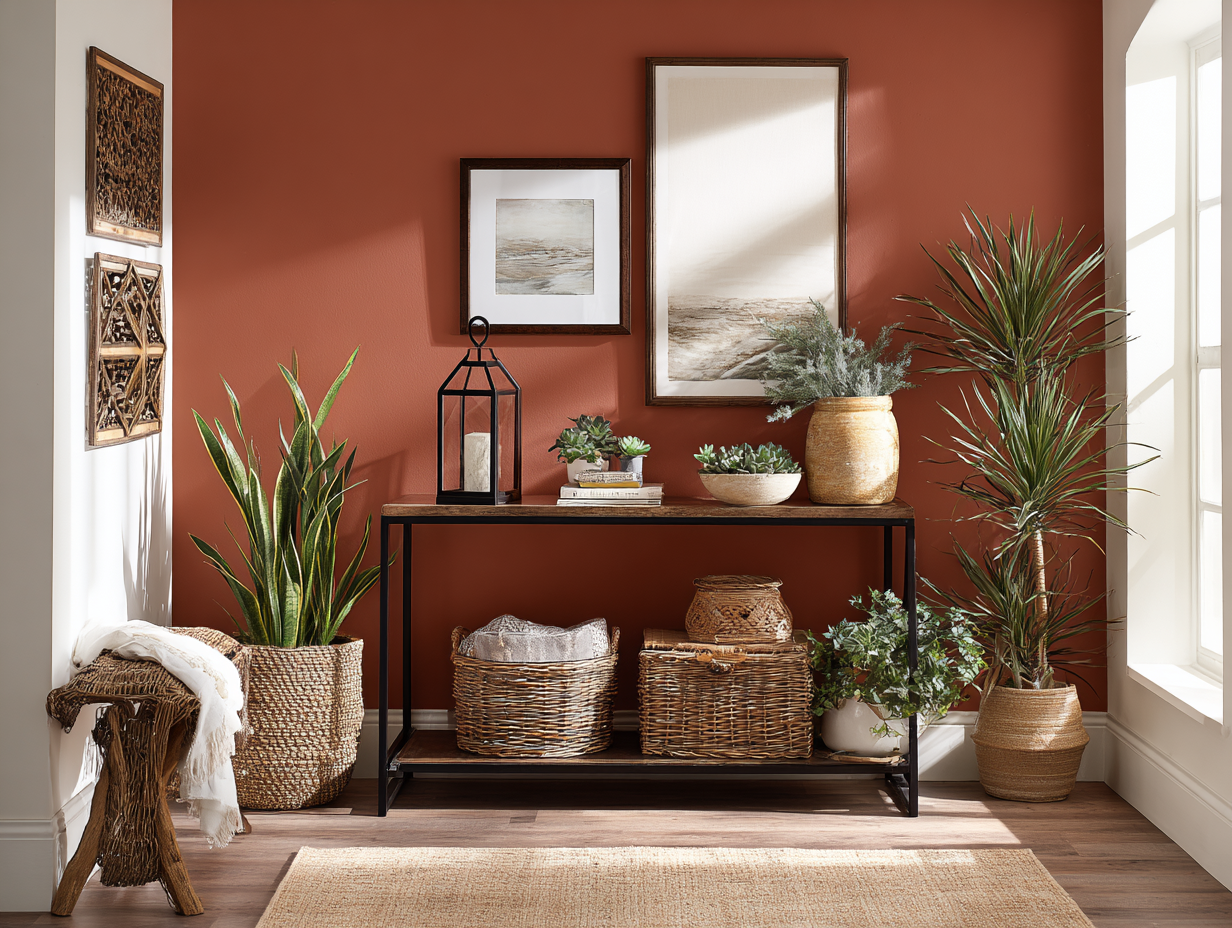 Living room styled with vintage fall decor, jute ottoman, and warm autumn tones