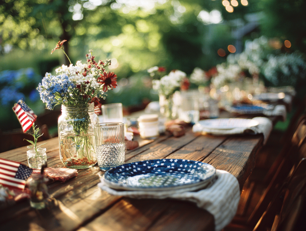 4th of July party decorations — festive backyard tablescape with mason jar floral centerpieces, American flag accents, rustic wood table, star-patterned plates, casual summer gathering under soft natural light