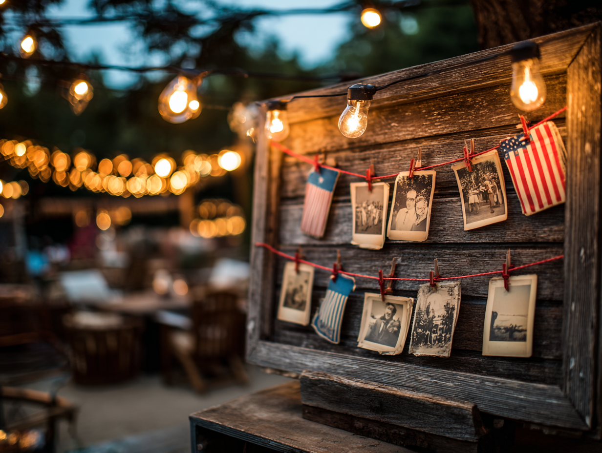 4th of July party decorations — outdoor vintage photo board with American flag accents and string lights, creating nostalgic patriotic vibe for backyard celebration