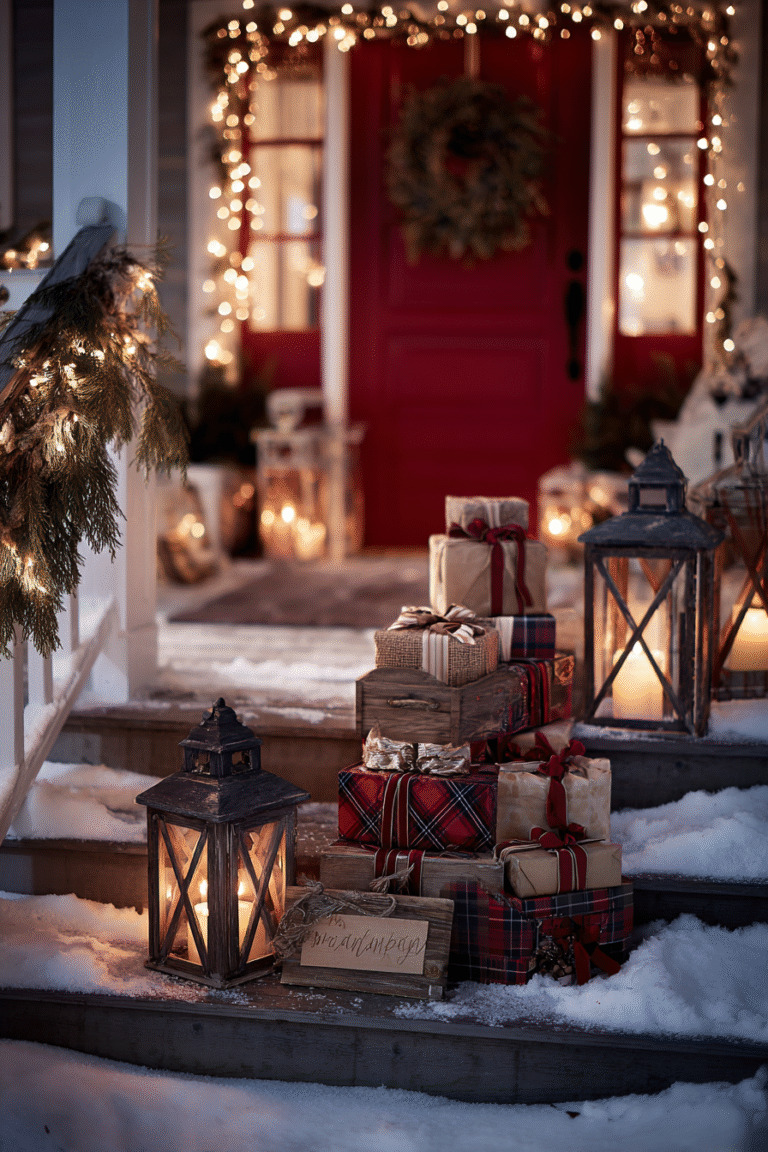 Christmas decorations outdoor lighting creating magical holiday party atmosphere with warm string lights, layered outdoor lights, and elegant festive decor