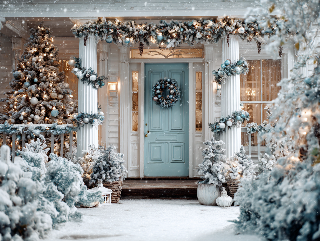 Snow-covered Christmas front porch with blue front door, wreath, garland-wrapped columns, and decorated Christmas tree with blue and white ornaments