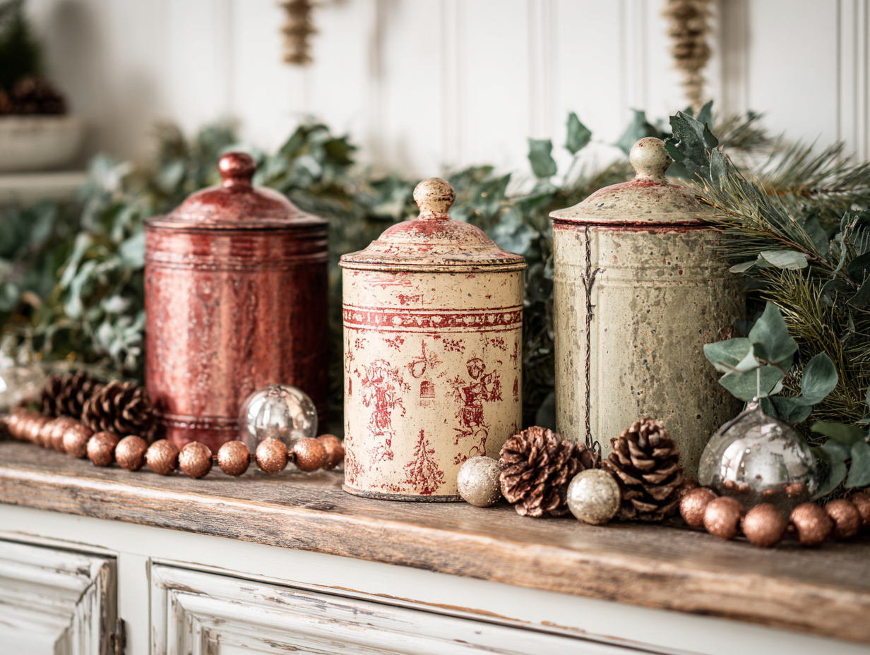 Vintage Christmas canisters and copper bell garland on a rustic wood kitchen counter with greenery