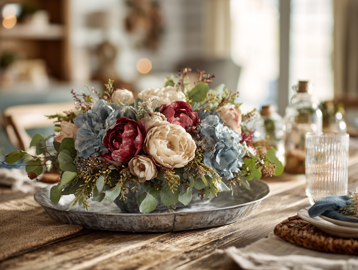 4th of July party decorations — galvanized tray centerpiece with vintage-inspired red, white, and blue floral arrangement on rustic wood table, cozy patriotic table setting