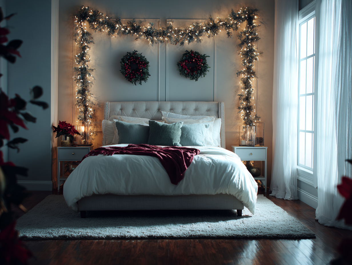 Christmas bedroom with garland over headboard, mini wreaths on windows, and string lights around curtains
